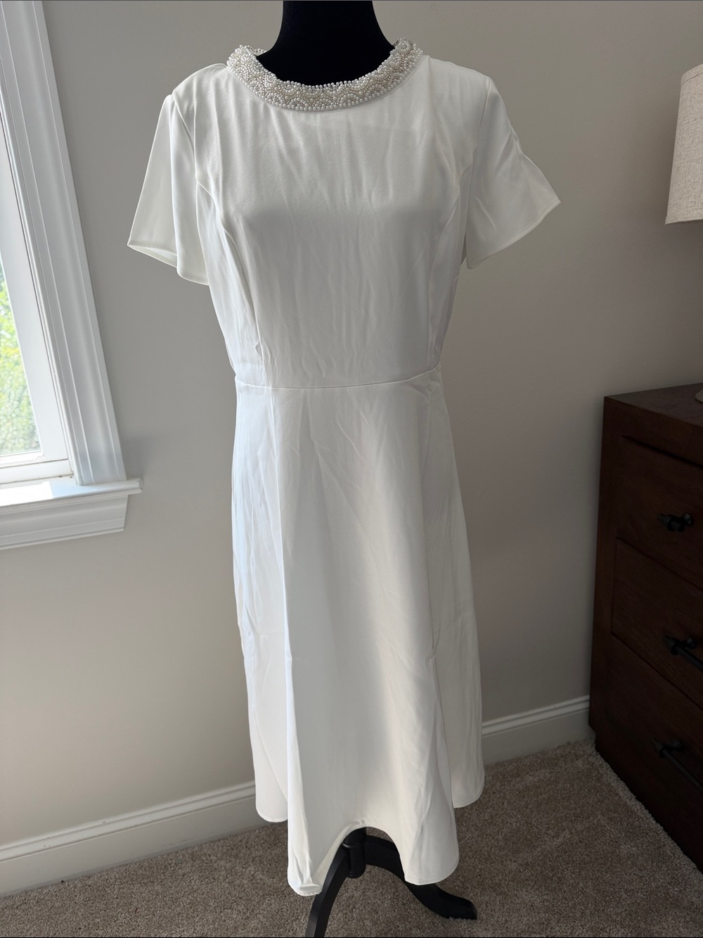 Elegant White Beaded-Neck Midi Dress